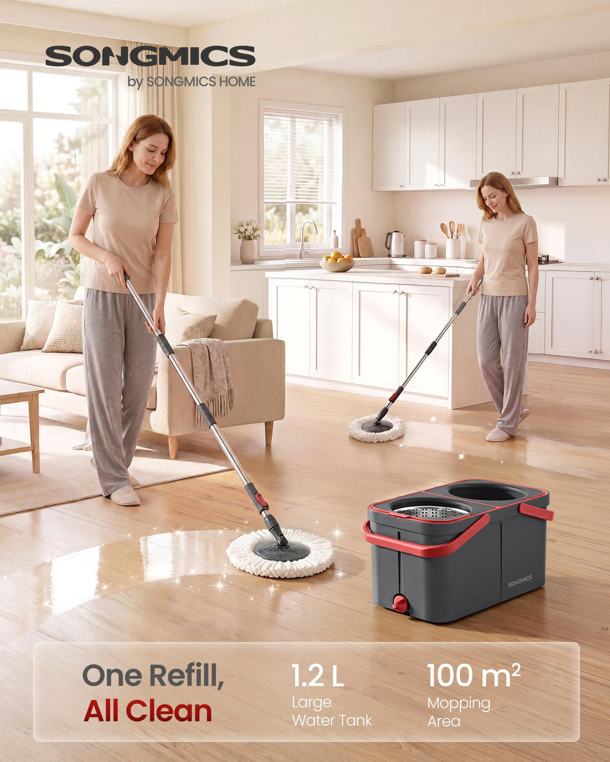 Spin Mop and Bucket Set, 6 Washable Microfiber Mop Heads, Wheels