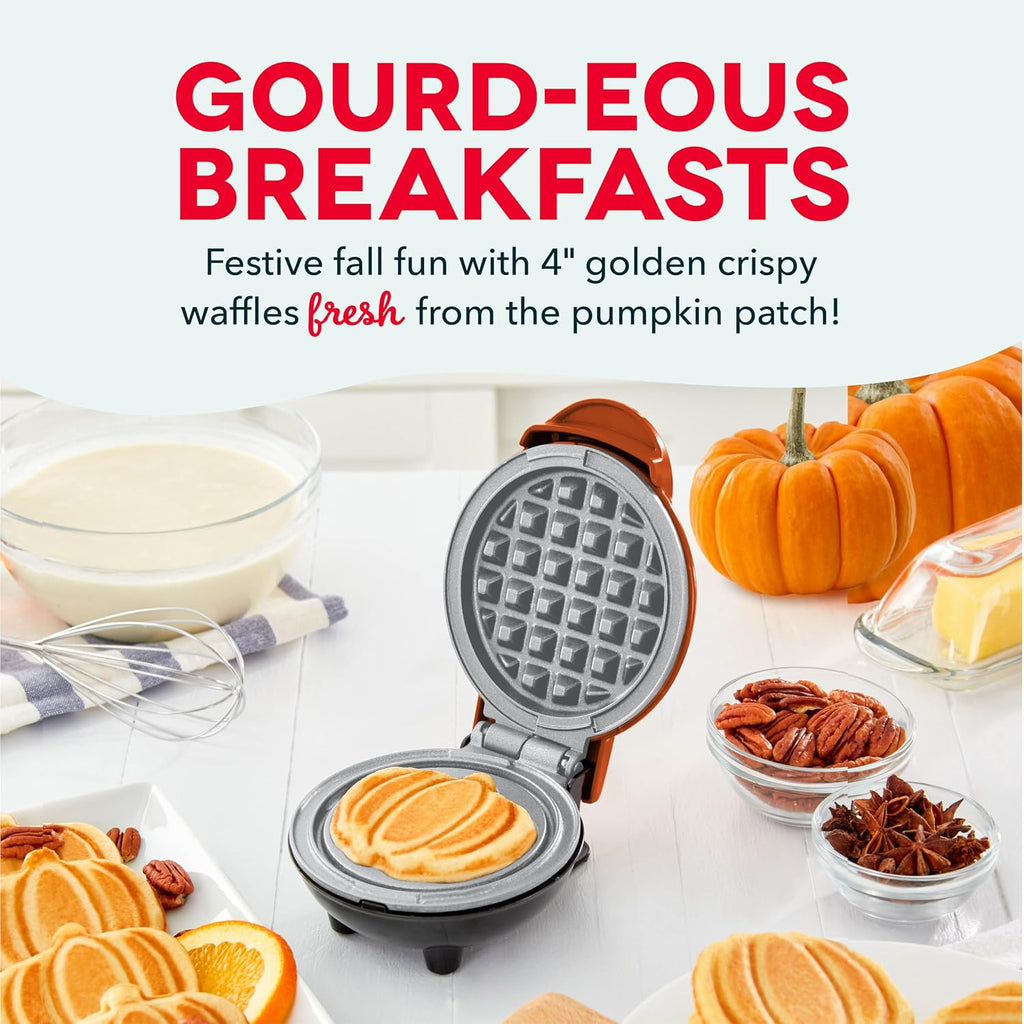 Pumpkin Mini Waffle Maker, 4-Inch Nonstick Cooking Surface, Orange