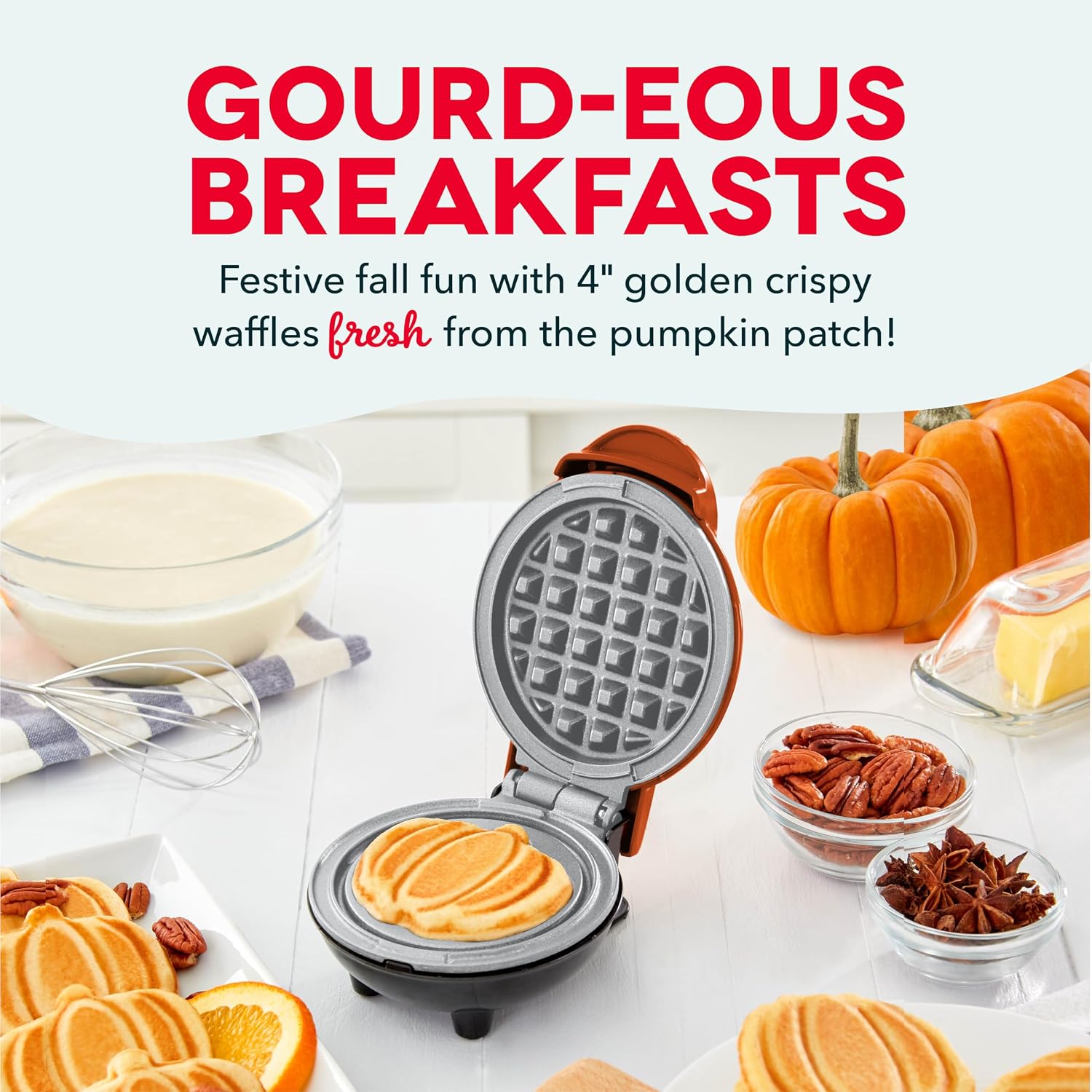 Pumpkin Mini Waffle Maker, 4-Inch Nonstick Cooking Surface, Orange