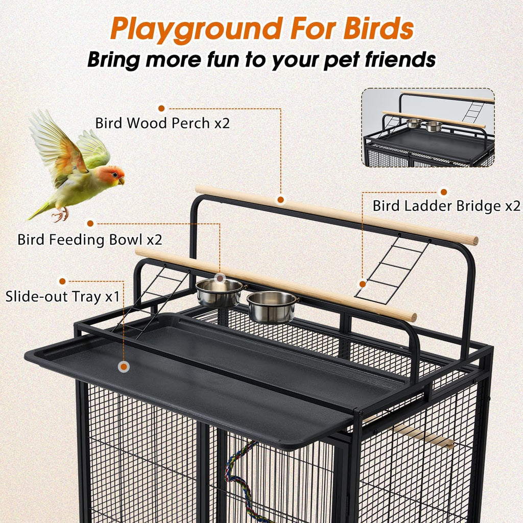 70" Large Bird Cage with Play Top, Metal Parrot Cage with Storage Cabinet | Tall Big Bird Flight Cage with Pull-Out