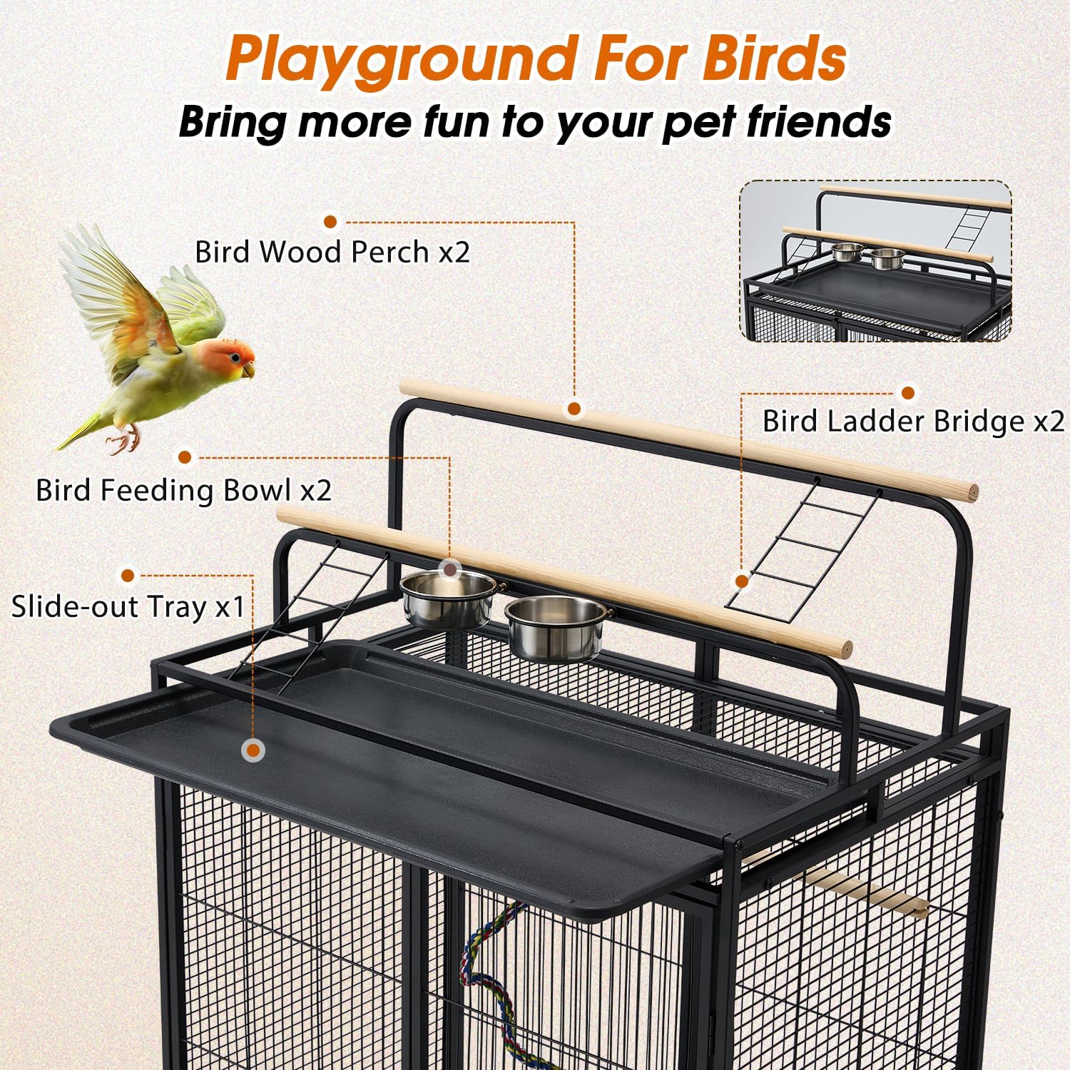 70" Large Bird Cage with Play Top, Metal Parrot Cage with Storage Cabinet | Tall Big Bird Flight Cage with Pull-Out