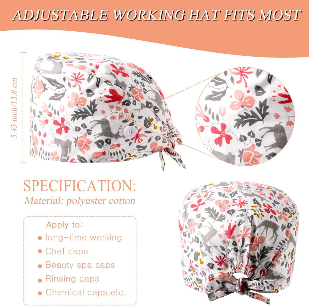 6 Pcs Women Scrub Caps Surgical Nurse Working Hats with Button and Sweatband Adjustable Elastic Nursing Bouffant Caps