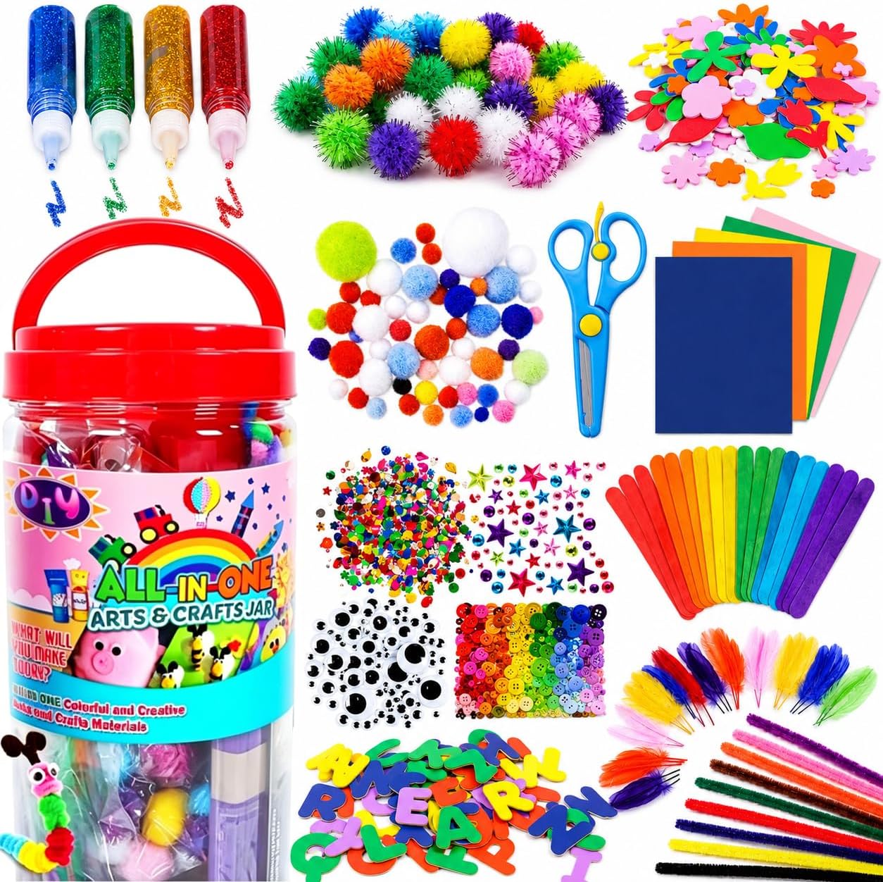 Arts and Crafts Supplies for Kids - Toddlers Craft Kit with Glitter Glue Stick, Pipe Cleaners, Pom Poms, Popsicle