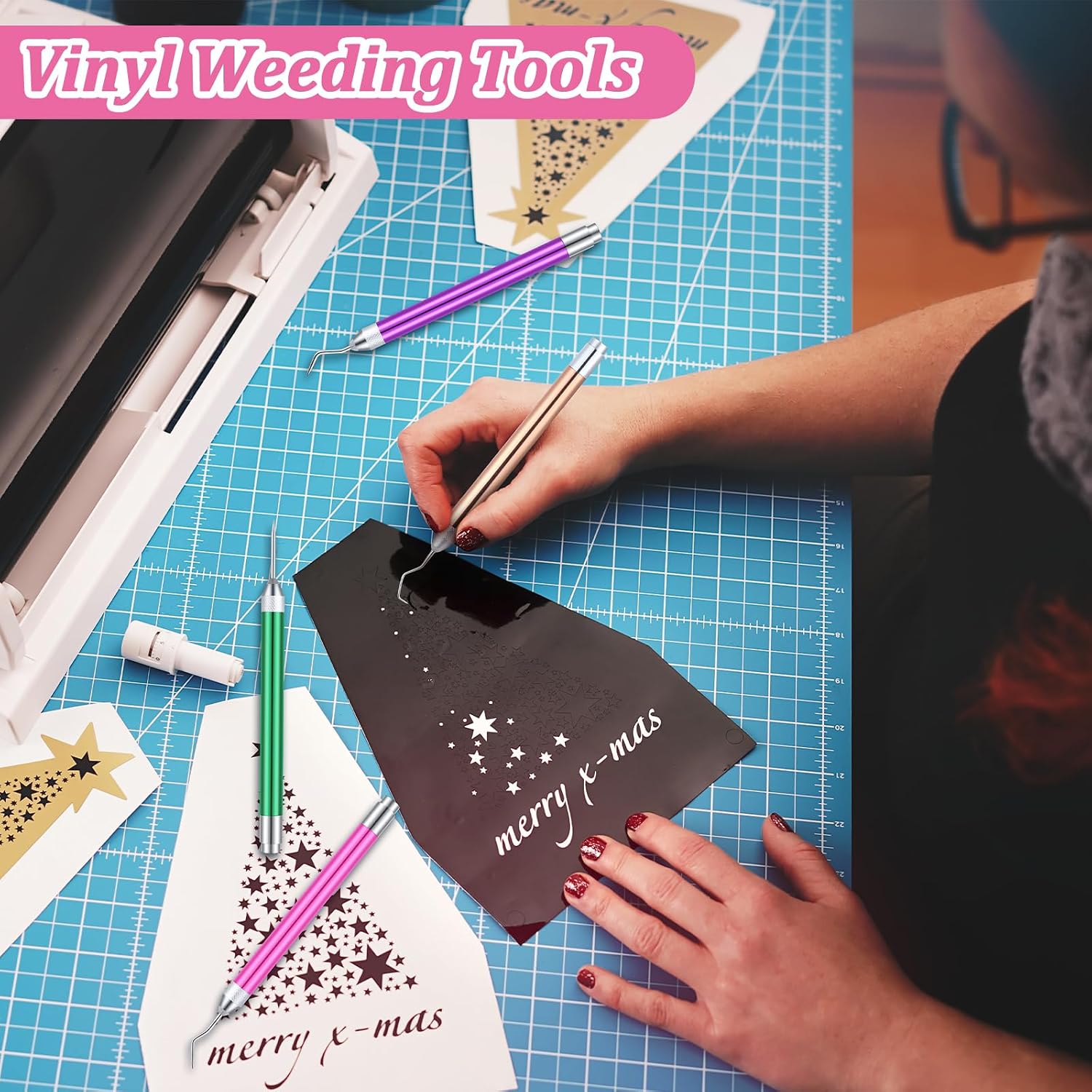 4 Pcs LED Weeding Tools for Vinyl with Light Weeding Tool with 5 Different Hooks Lighted Pin Pen Tool for Removing