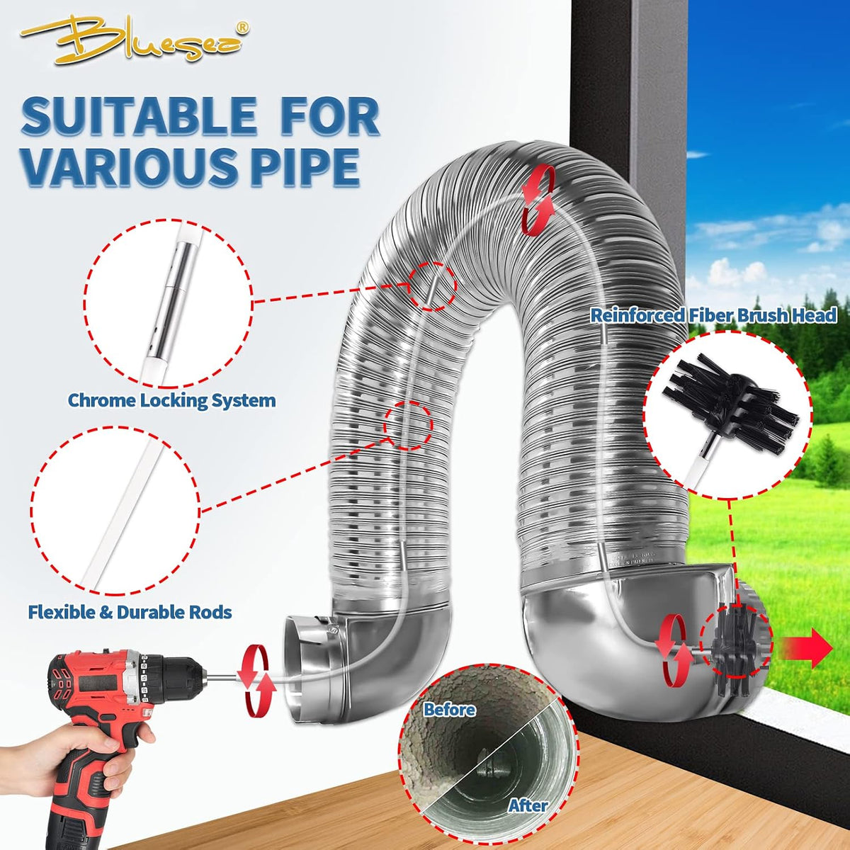 30FT Dryer Vent Cleaner Kit 7Pcs - Lint Remover Brush & Adapters