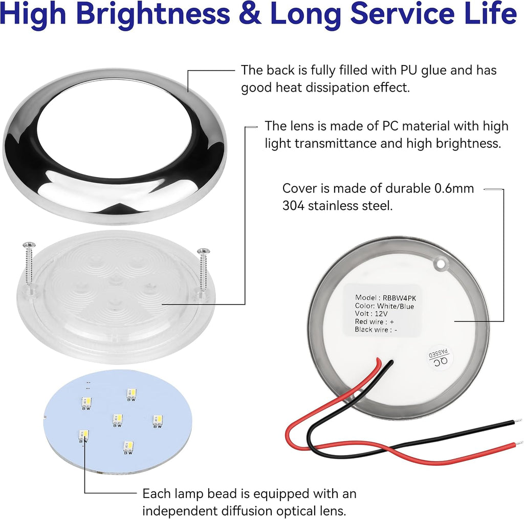 RVZONE 3" White & Blue Dual‑Color Boat Courtesy Lights, 4‑Pack IP68