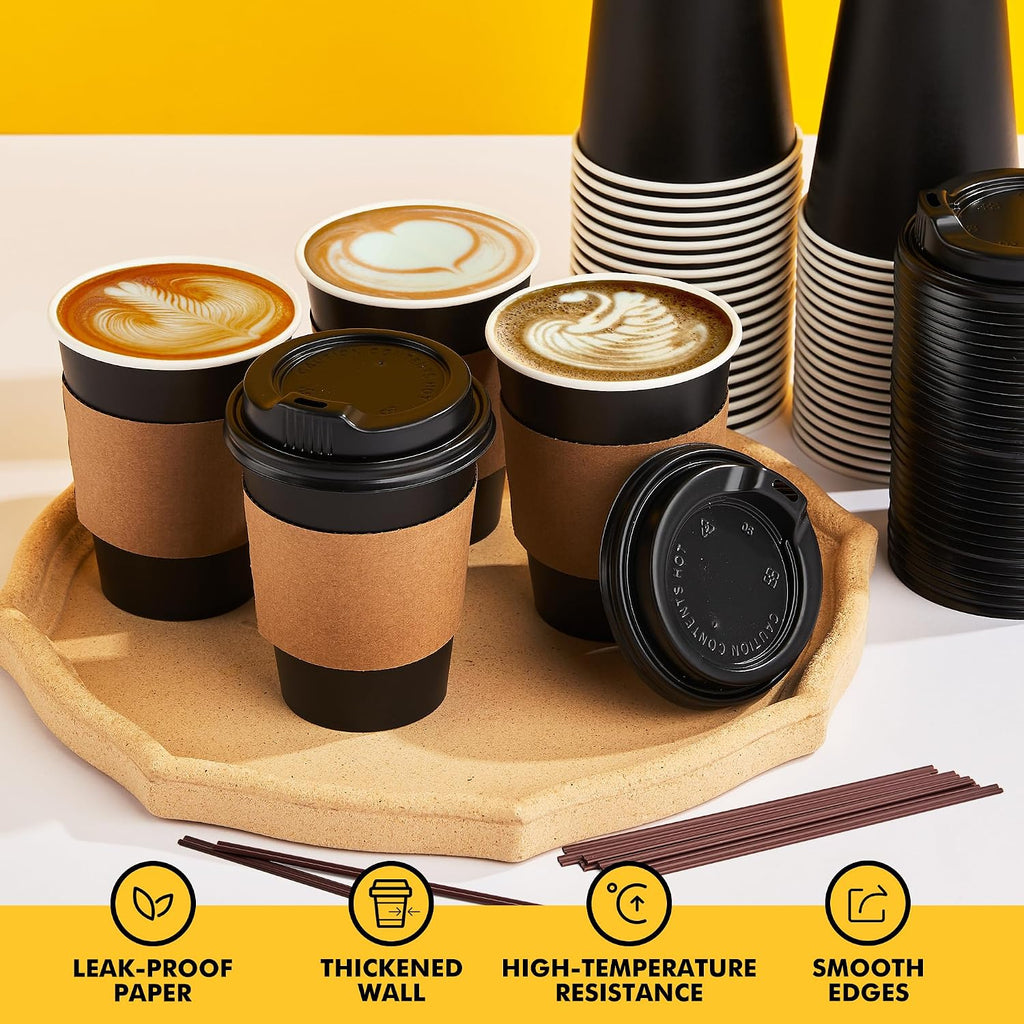12 oz 50 Pack Black Disposable Coffee Cups with Lids & Sleeves