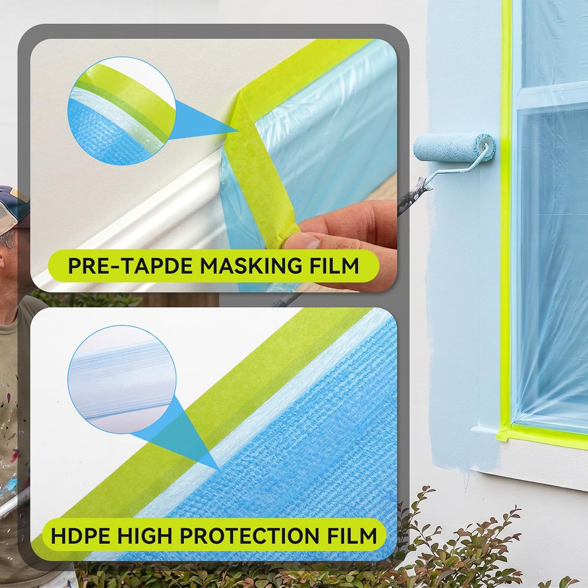 12 Rolls Pre-Taped Masking Film for Painting-22 x 66',Painters Plastic Sheeting with Widened Automotive Masking Tape