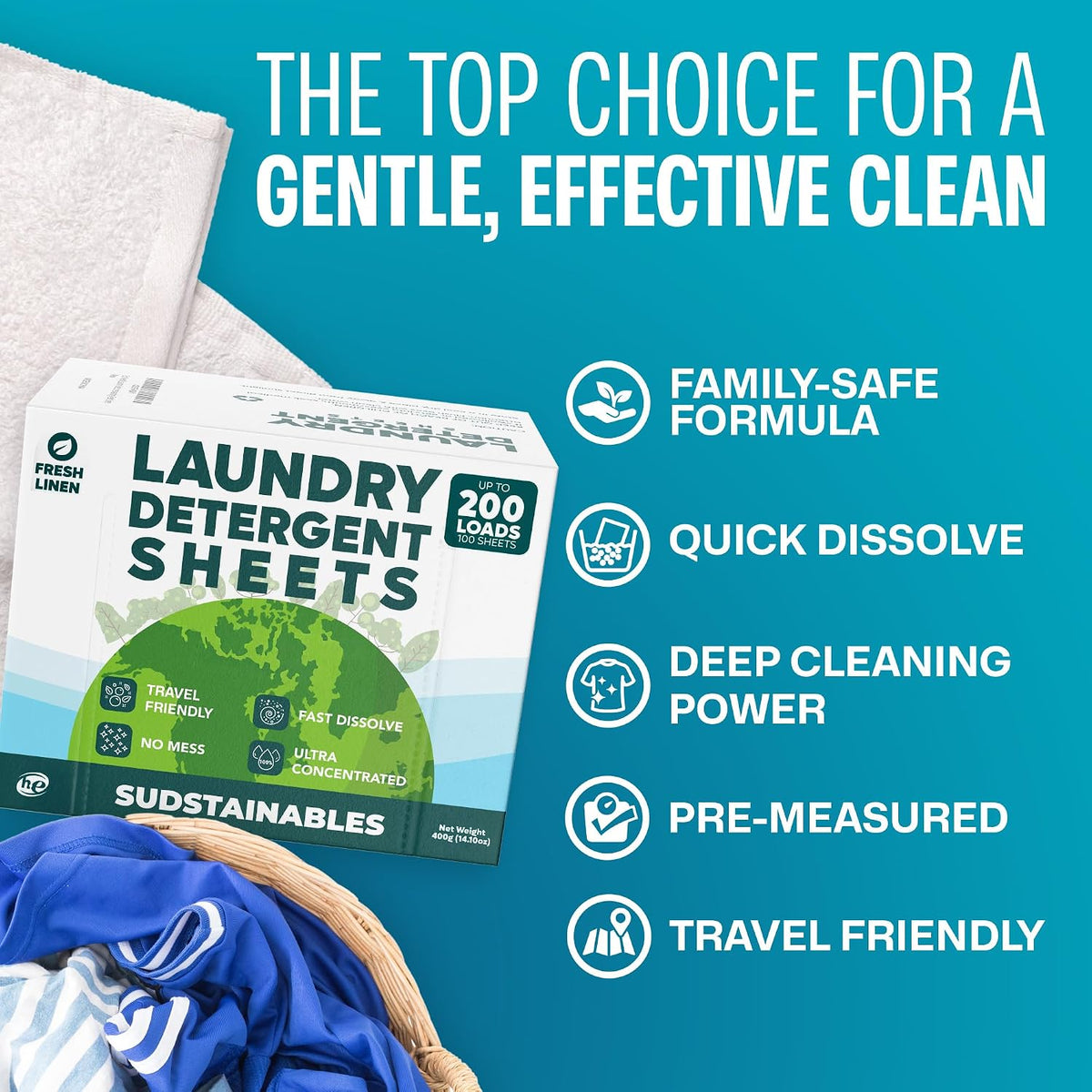 Laundry Detergent Sheets, Fresh Linen, 200 Loads