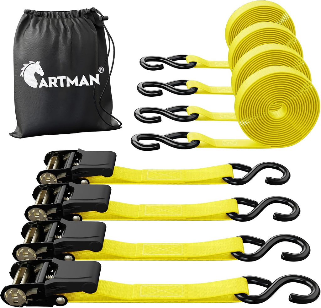 Ratchet Tie Down Straps, 1 in x 15 ft, 1500 lb, 4-Pack, Yellow | Coated S-Hooks, Polyester Webbing, Spring-Loaded