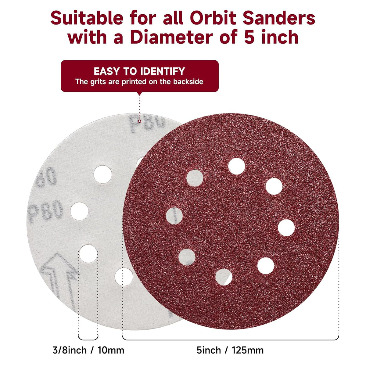 100PCS 5 Inch Sanding Discs 40 Grit Sandpaper for Orbital Sander