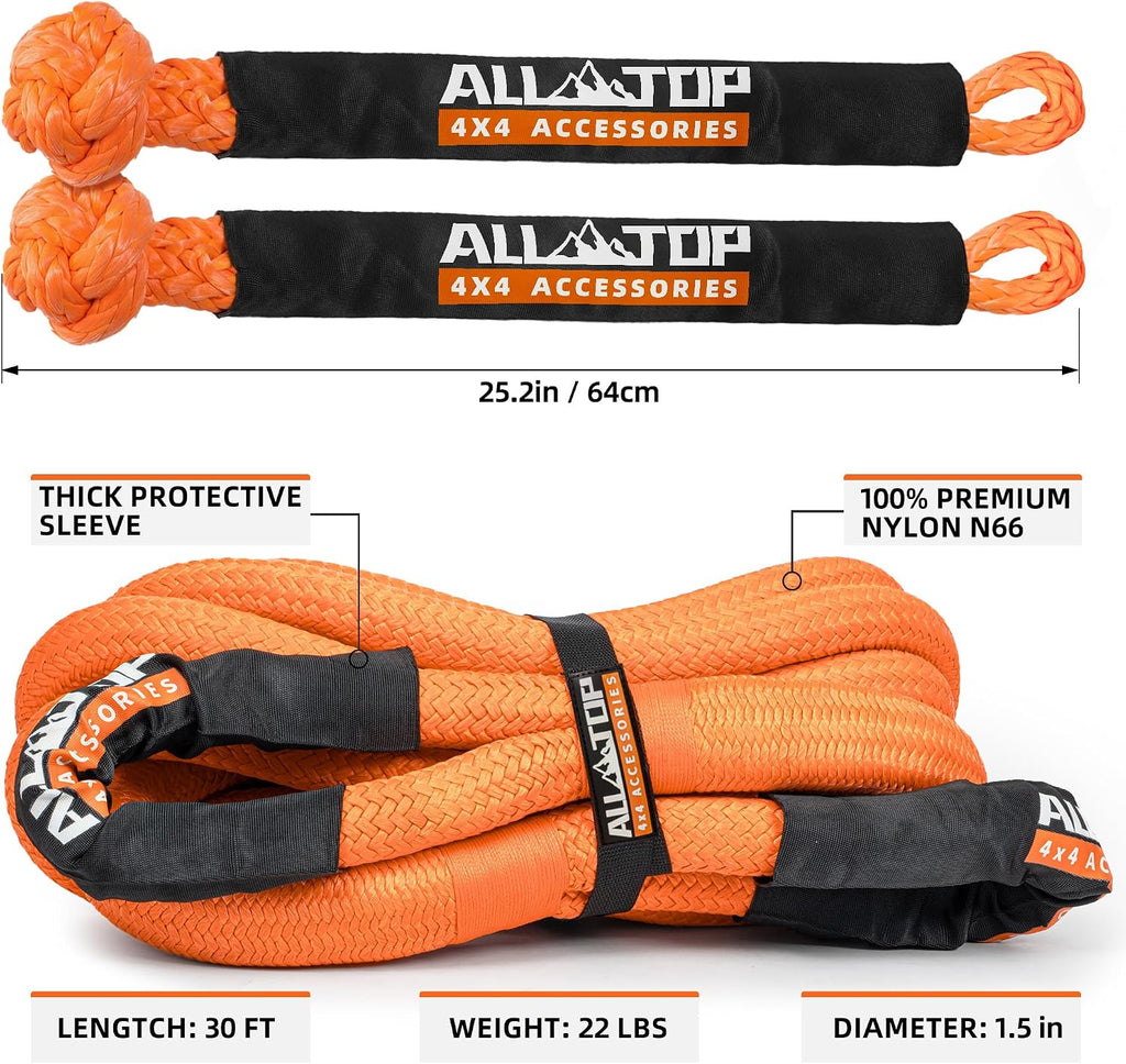 Kinetic Recovery Rope Kit w/ 2 Soft Shackles, 83000Lbs, 1.5in x 30ft, Heavy Duty 30+% Elasticity, 27600Lbs Work Load