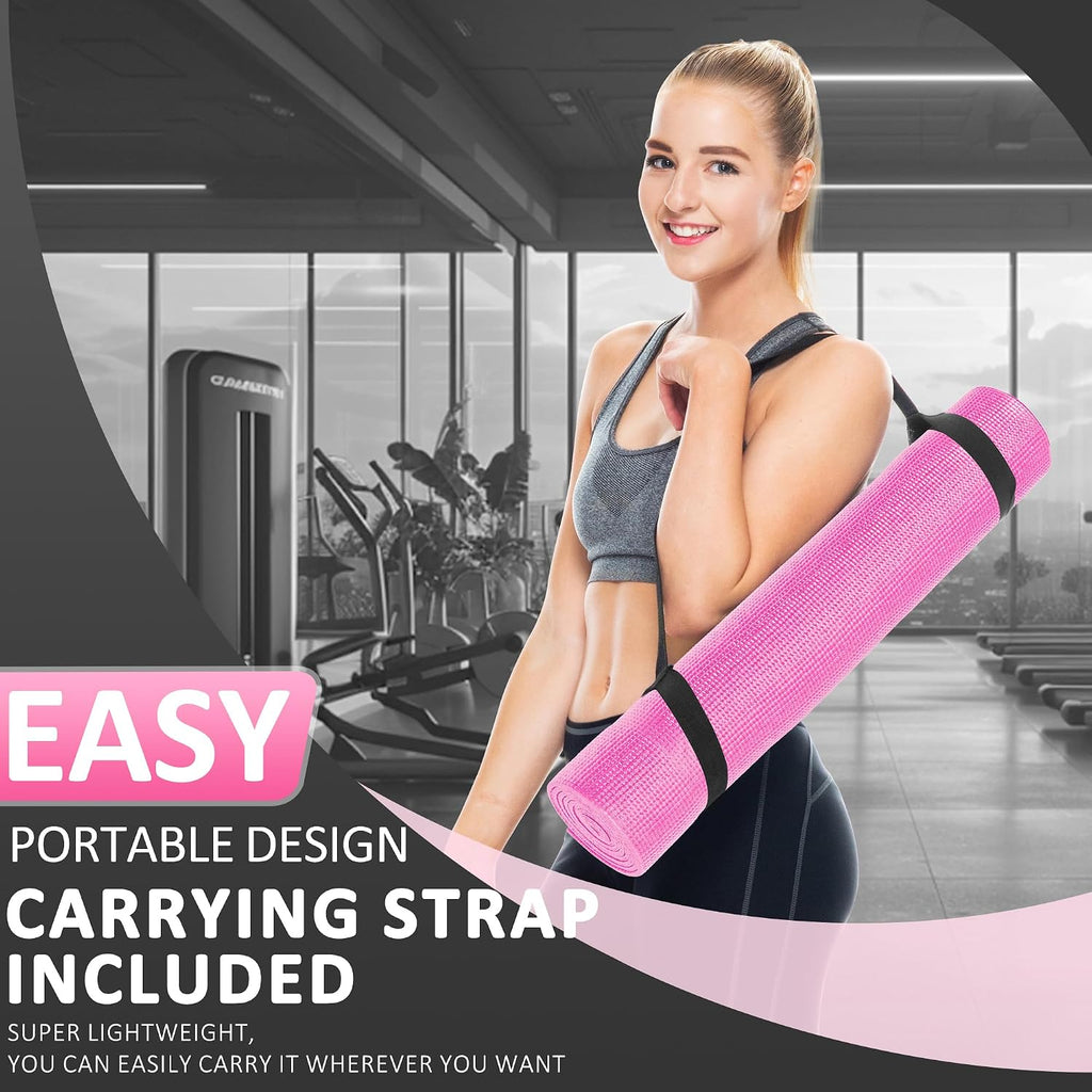 Signature Fitness All Purpose 0.25 Inch Thick High Density No Tear Exercise Yoga Mat with Strap & Lightweight