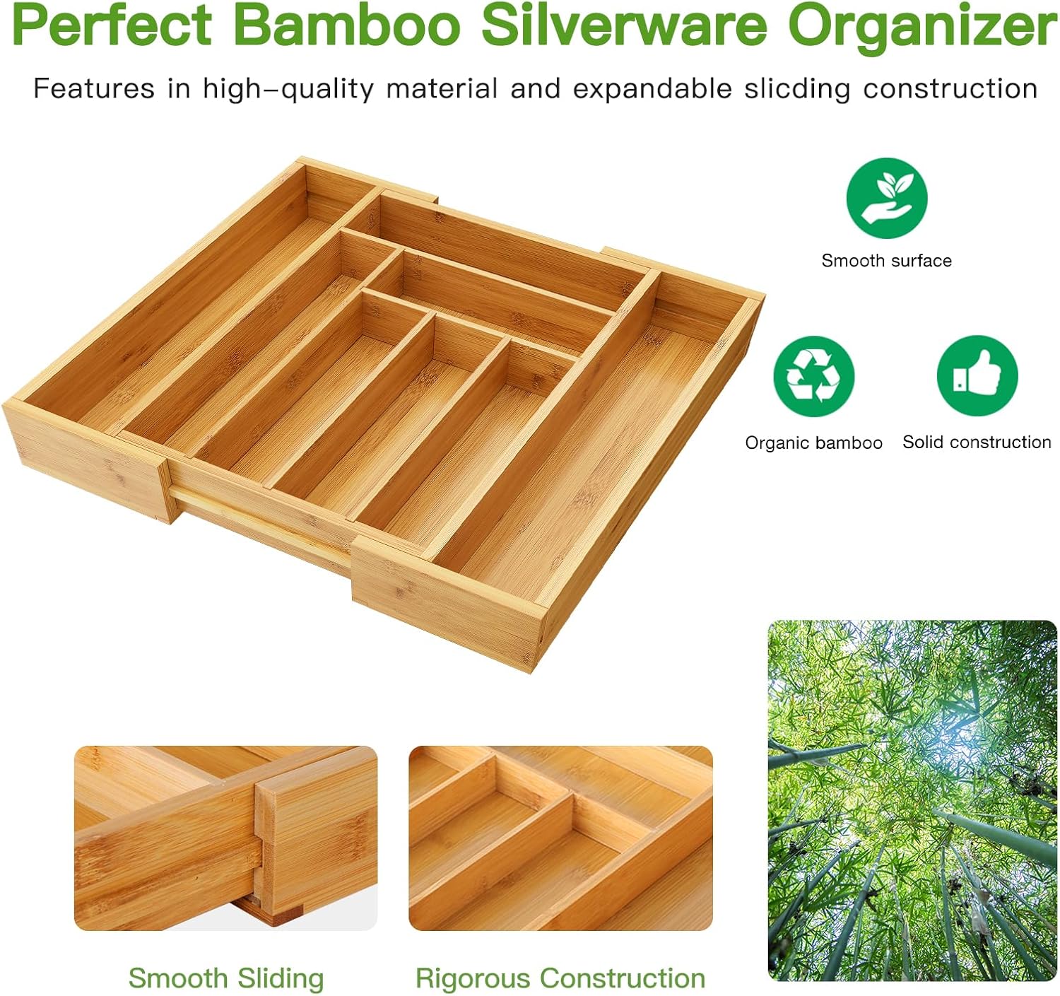 Bamboo Expandable Drawer Organizer for Utensils Holder, Adjustable Cutlery Tray, Wood Drawer Dividers Organizer for