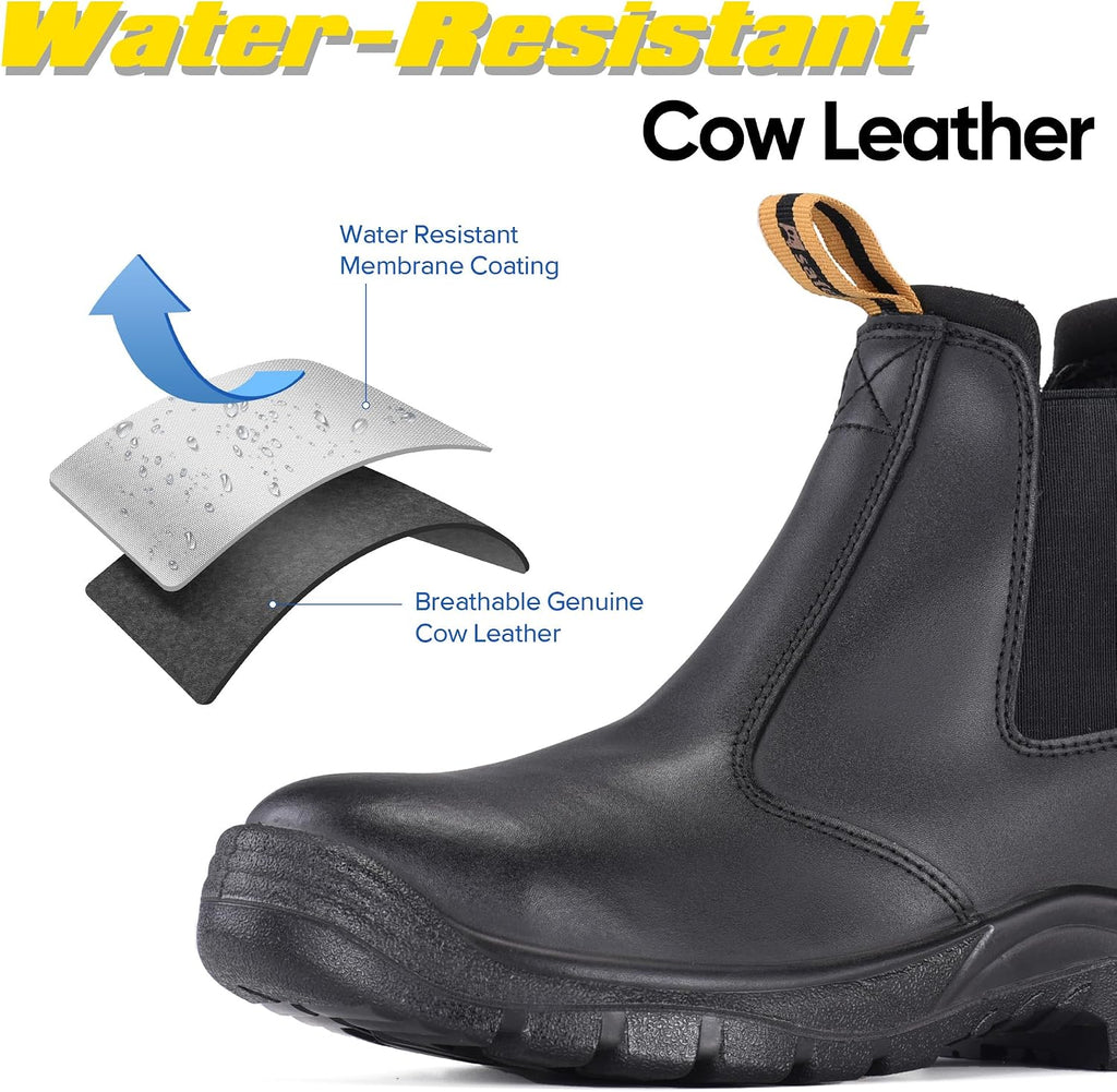 Mens Work Boots Steel Toe Chelsea Safety Boots Cow Leather Waterproof Lightweight Working Shoes