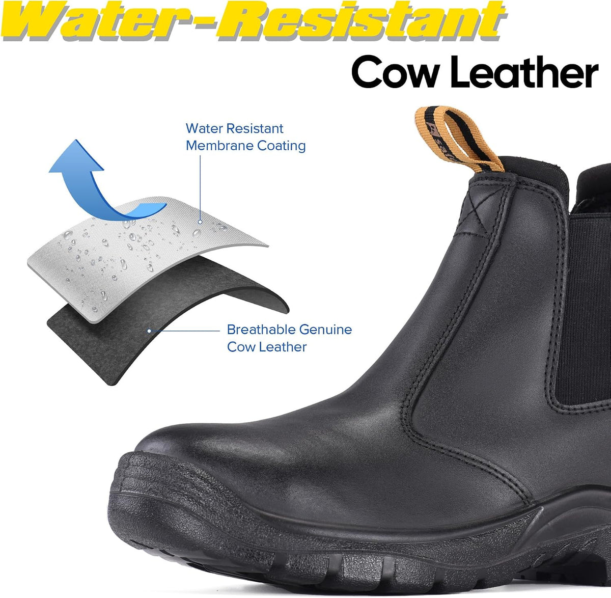 Mens Work Boots Steel Toe Chelsea Safety Boots Cow Leather Waterproof Lightweight Working Shoes