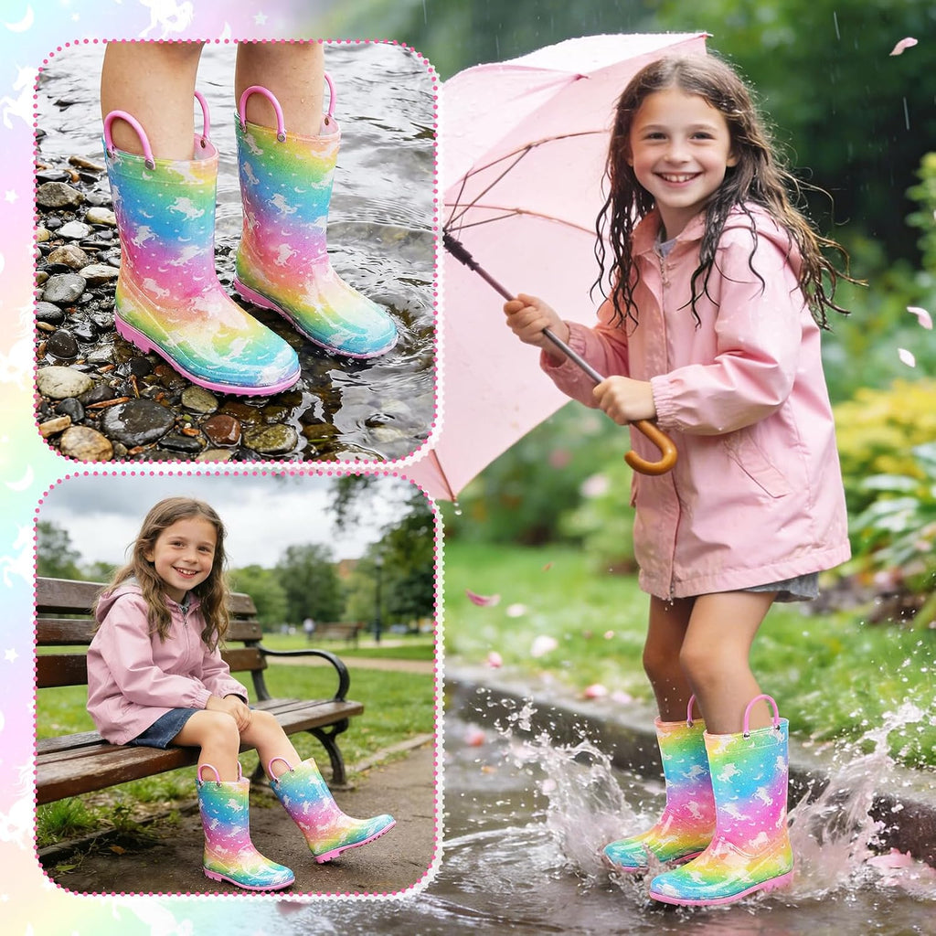 Toddler Rain Boots For Girls Waterproof Rainboots Little Girls Glitter Unicorn Rain Boots For Kids With Easy-On Handles