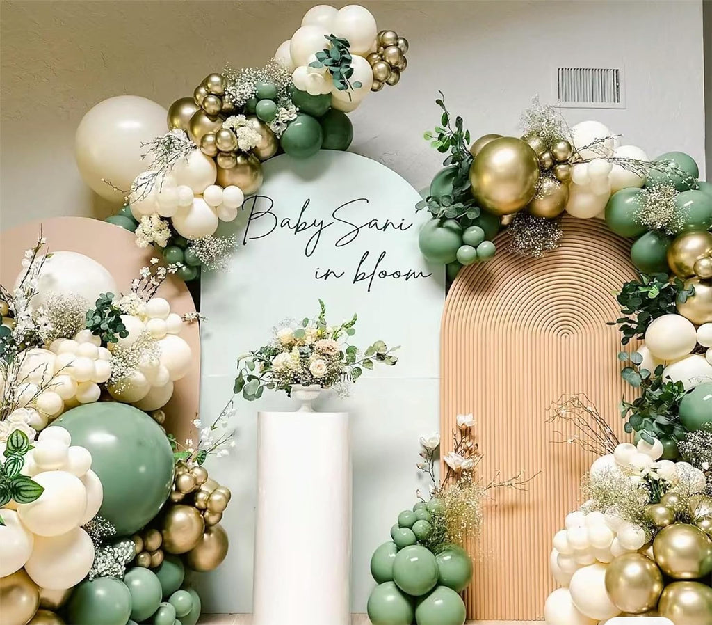 Sage Green White Gold Balloon Garland Arch Kit, 146Pcs Latex Balloons Different Sizes 18 12 10 5 Inch for Birthday