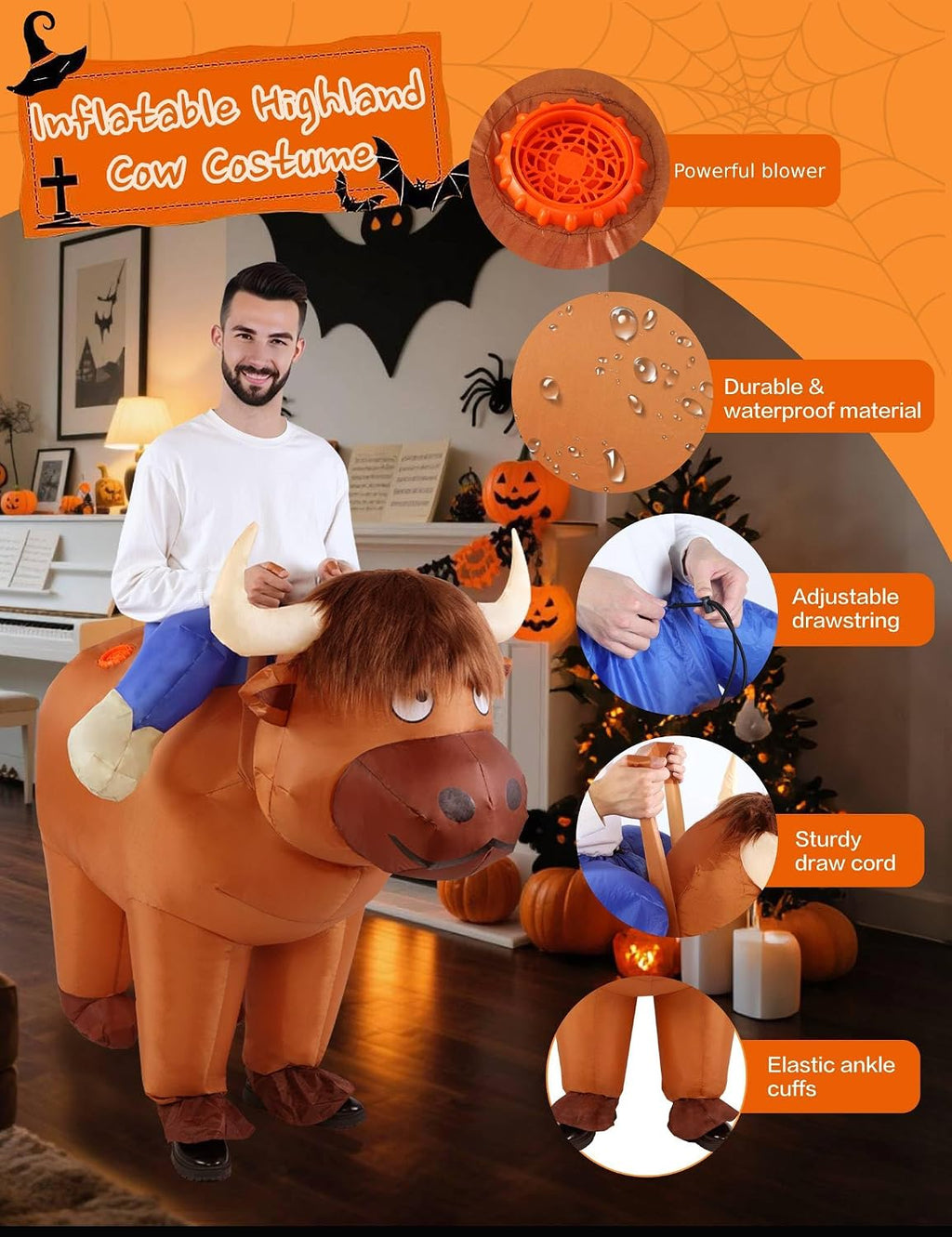Inflatable Highland Cow Costume Adult Halloween Blow Up Costumes | Funny ride on farm animal blowup outfit cosplay