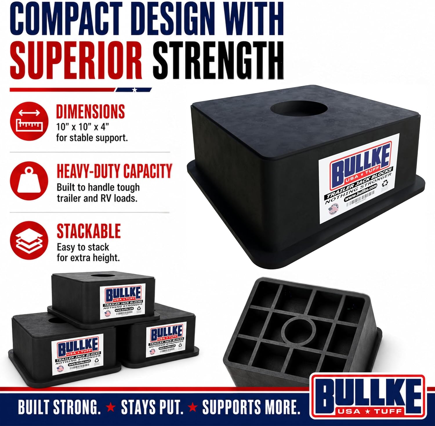 Square Trailer Jack Block 1-Pack, USA-Made Heavy Duty RV Leveling Block, Stabilizing Jack Pad for Camper, 5th Wheel