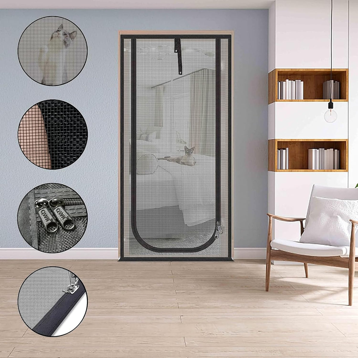 Reinforced Cat Screen Door,Fits Door Opening Size 32''x 80'',Thickened Cat Proof Mesh Screen Door with Zipper Closure