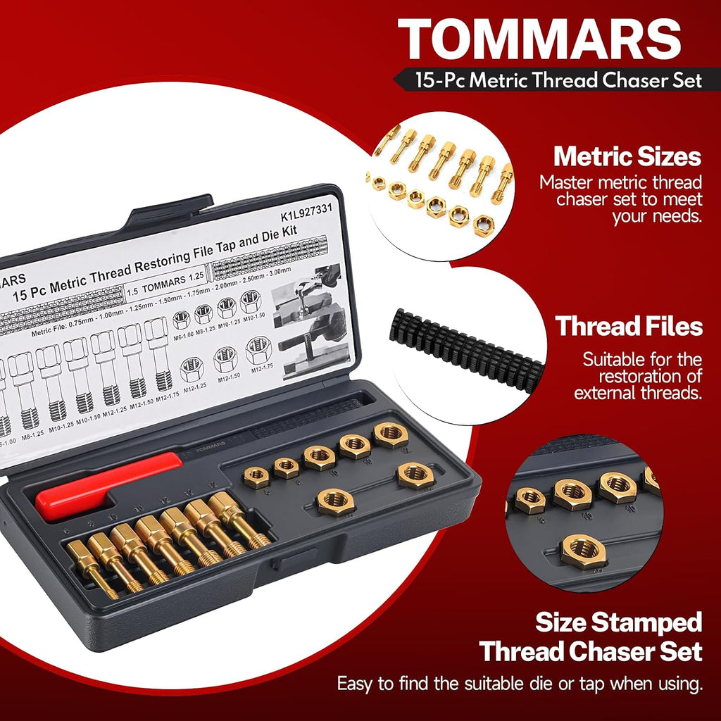TOMMARS 15-Piece Metric Thread Chaser Set, M6 M8 M10 and M12