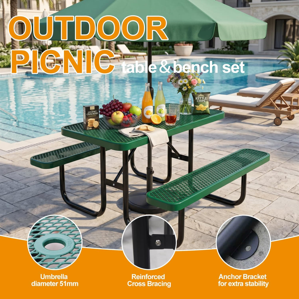 4ft Heavy-Duty Commercial Metal Outdoor Picnic Table, Green