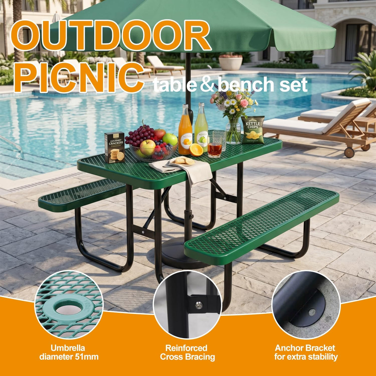 4ft Heavy-Duty Commercial Metal Outdoor Picnic Table, Green