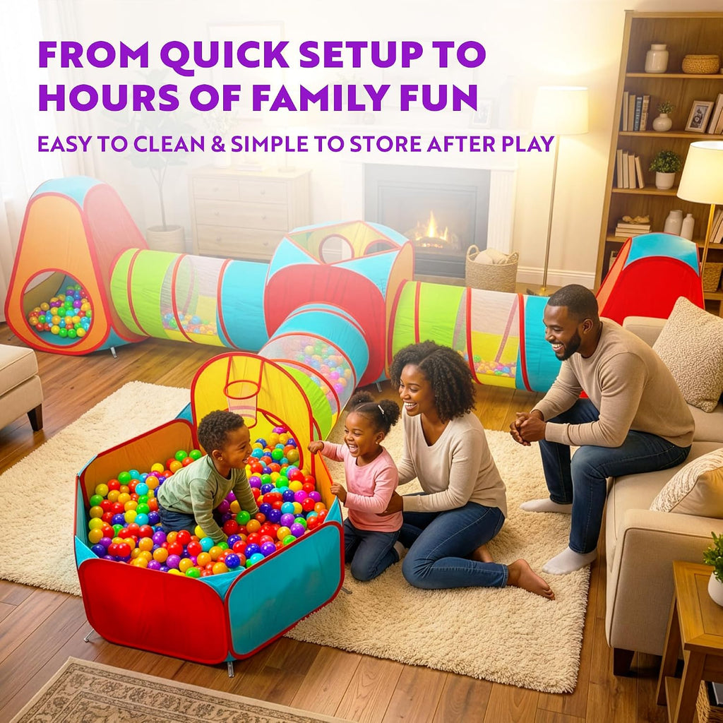 7pc Kids Play Tent with 1 Big Ball Pit for Babies, 3 Play Tunnel for Toddlers, and 3 Pop Up Tents Playhouse Bundle