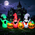 8 Ft Long Halloween Inflatables Three Ghosts with Pumpkin Candy Bags with 3 Colors Light Halloween Decorations