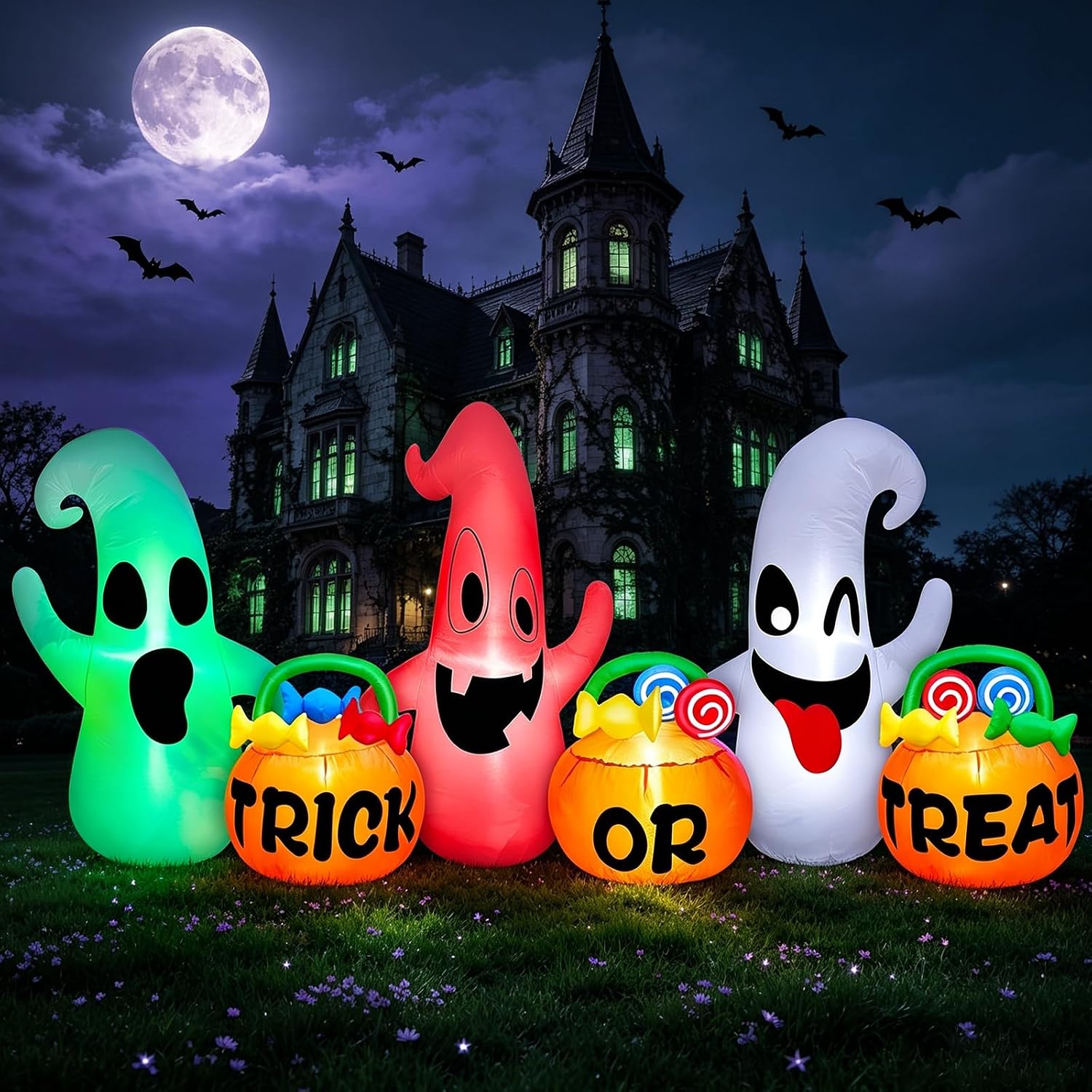 8 Ft Long Halloween Inflatables Three Ghosts with Pumpkin Candy Bags with 3 Colors Light Halloween Decorations
