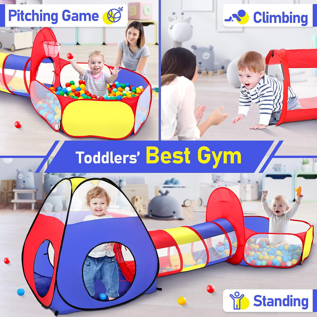 3 in 1 Kids Play Tent with Play Tunnel, Ball Pit, Basketball Hoop for Boys & Girls, Toddler Pop Up Playhouse Toy for