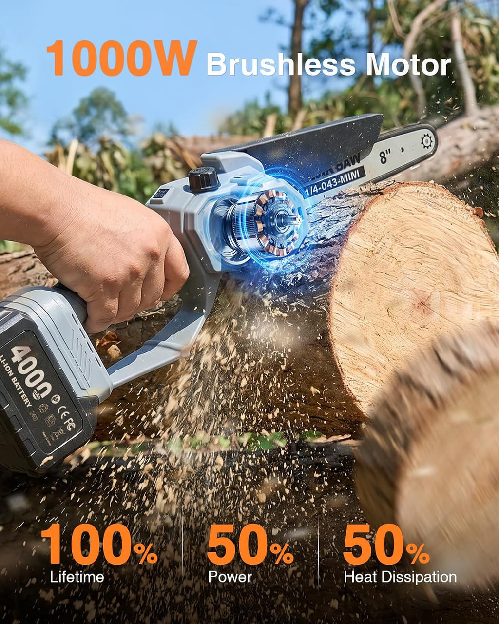 2-in-1 Pole Saw for Tree Trimming, 8-Inch Cordless Brushless Chainsaw with Adjustable Extension Pole, 2×4.0Ah