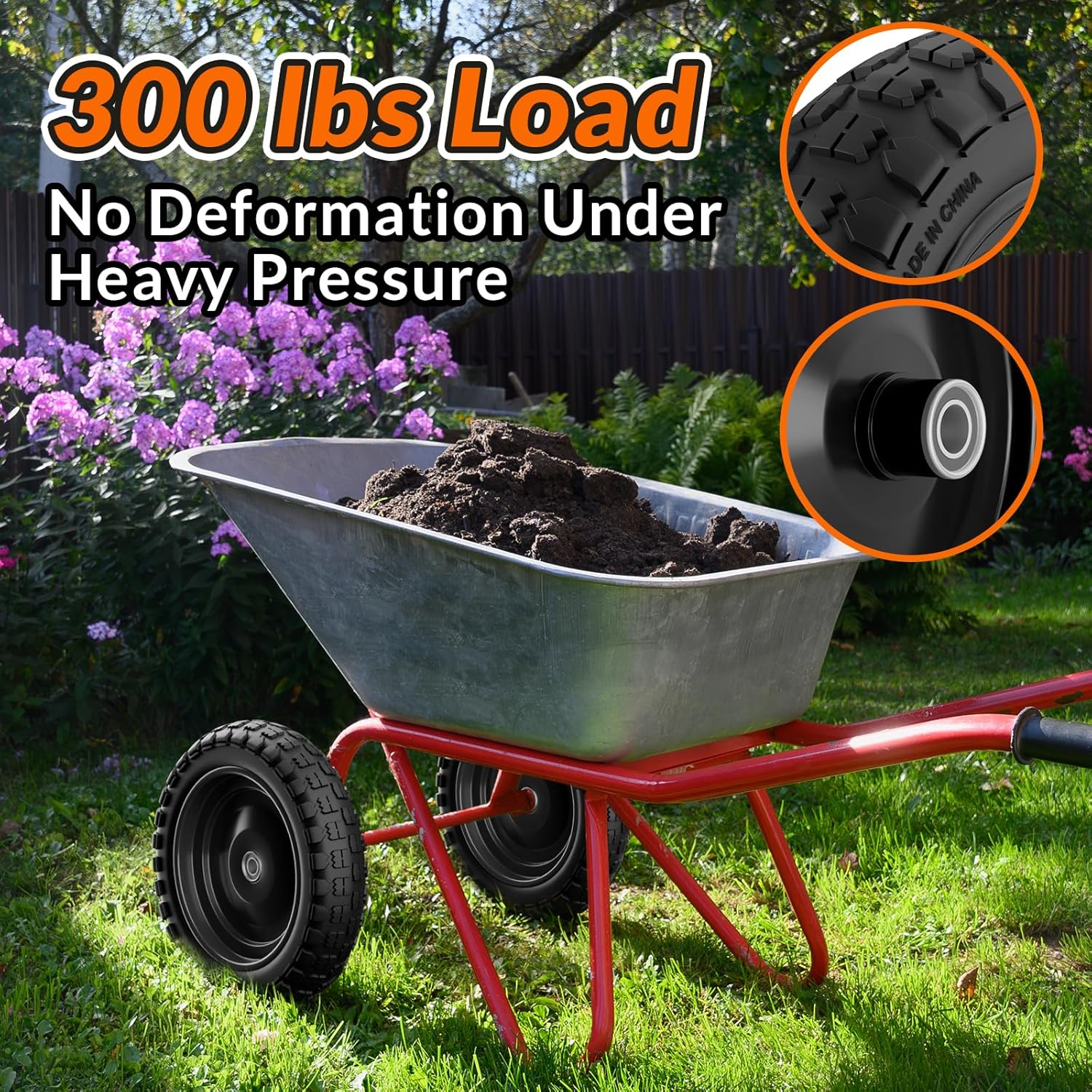 4.00-6 Flat Free Tire and Wheel, 13 Inch Solid Garden Wheelbarrow Tires, 300Lbs with 5/8" & 3/4" Axle Hole, 1"-3.5"