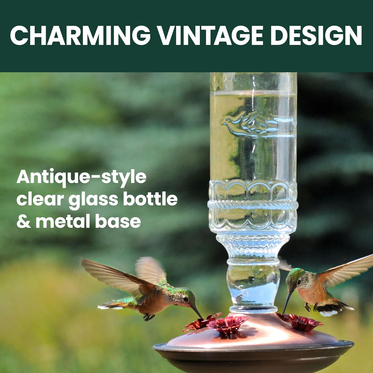 Antique Glass Bottle Hummingbird Feeder - Outdoor Garden Décor Hummingbird Feeder - 8107-1SR - 10 Fl Oz Nectar