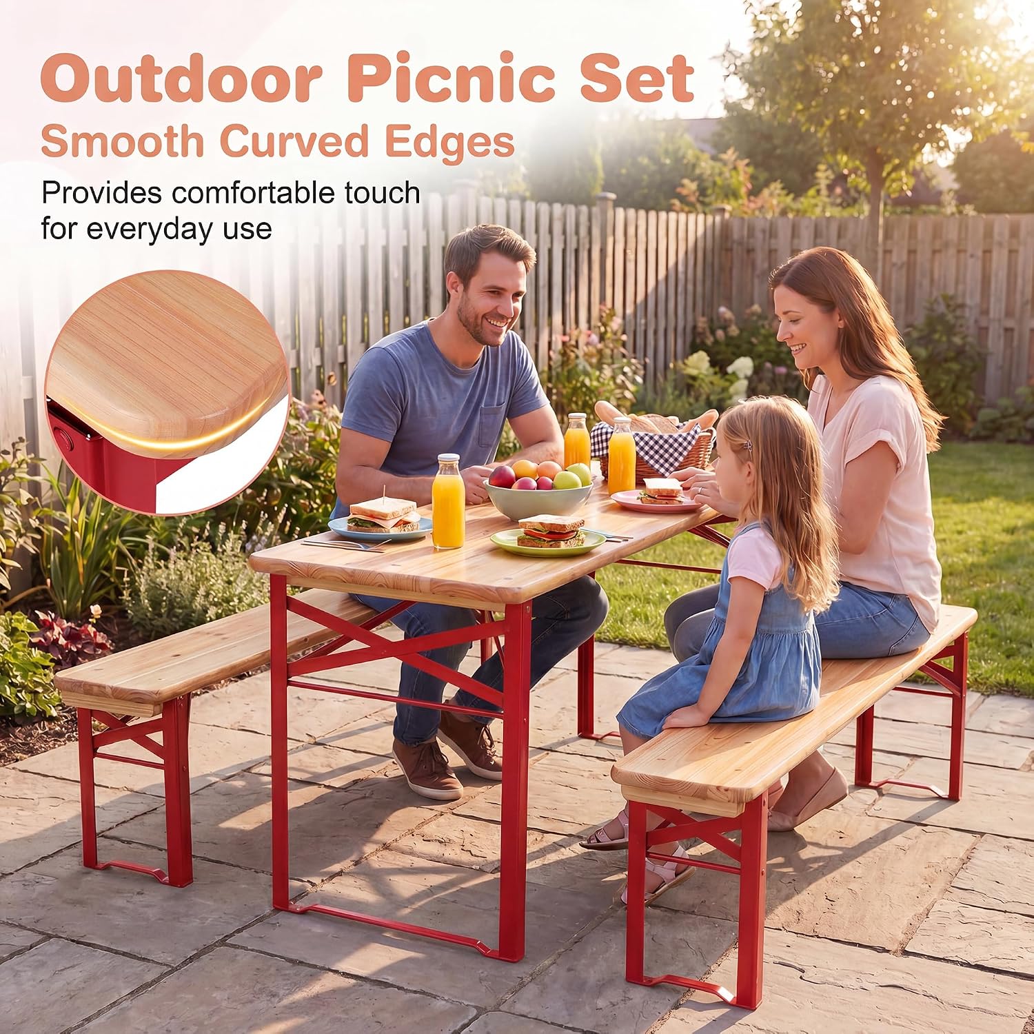 Kids Picnic Table, 43.5 Inch Folding Toddler Outdoor Table & 2 Benches, Fir Wood Top & Metal Frame, No Assembly