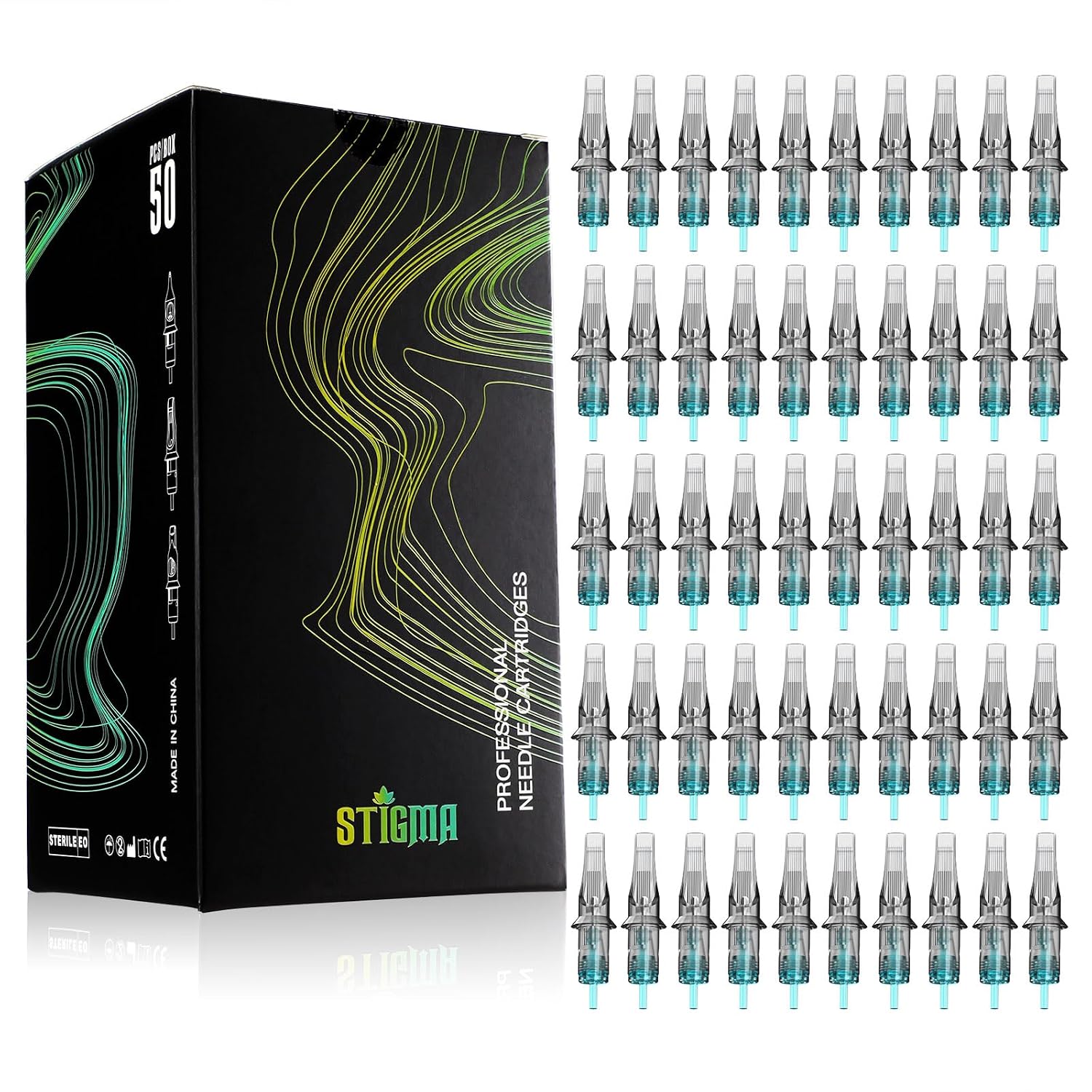 Aquamarine Knight Disposable Tattoo Cartridge Needles Tattoo Cartridges Assorted 50pcs Sizes of Round Magnum
