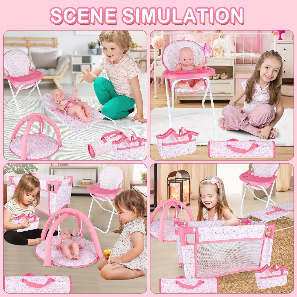 Baby Doll Accessories12-14 Doll Playset with High Chair Crib Bed Play Mat Storage Bag Handbag - 6 in 1 Pink Dolls