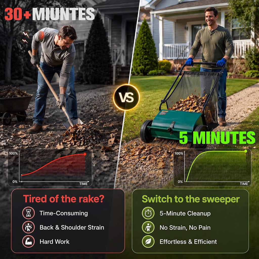 26" Push Lawn Sweeper with 8 Cuft Hopper Bag,Adjustable Brush Height, Green