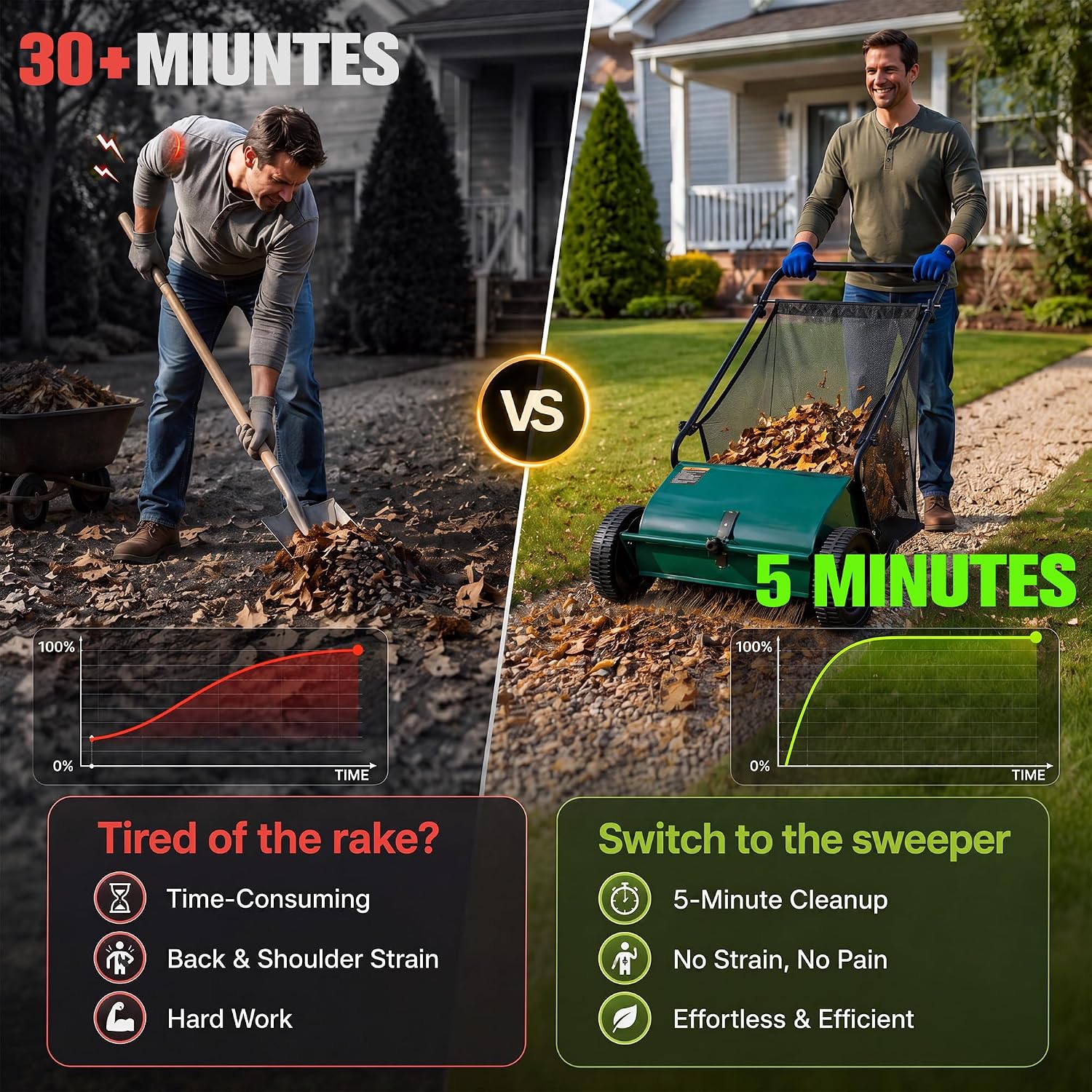 26" Push Lawn Sweeper with 8 Cuft Hopper Bag,Adjustable Brush Height, Green
