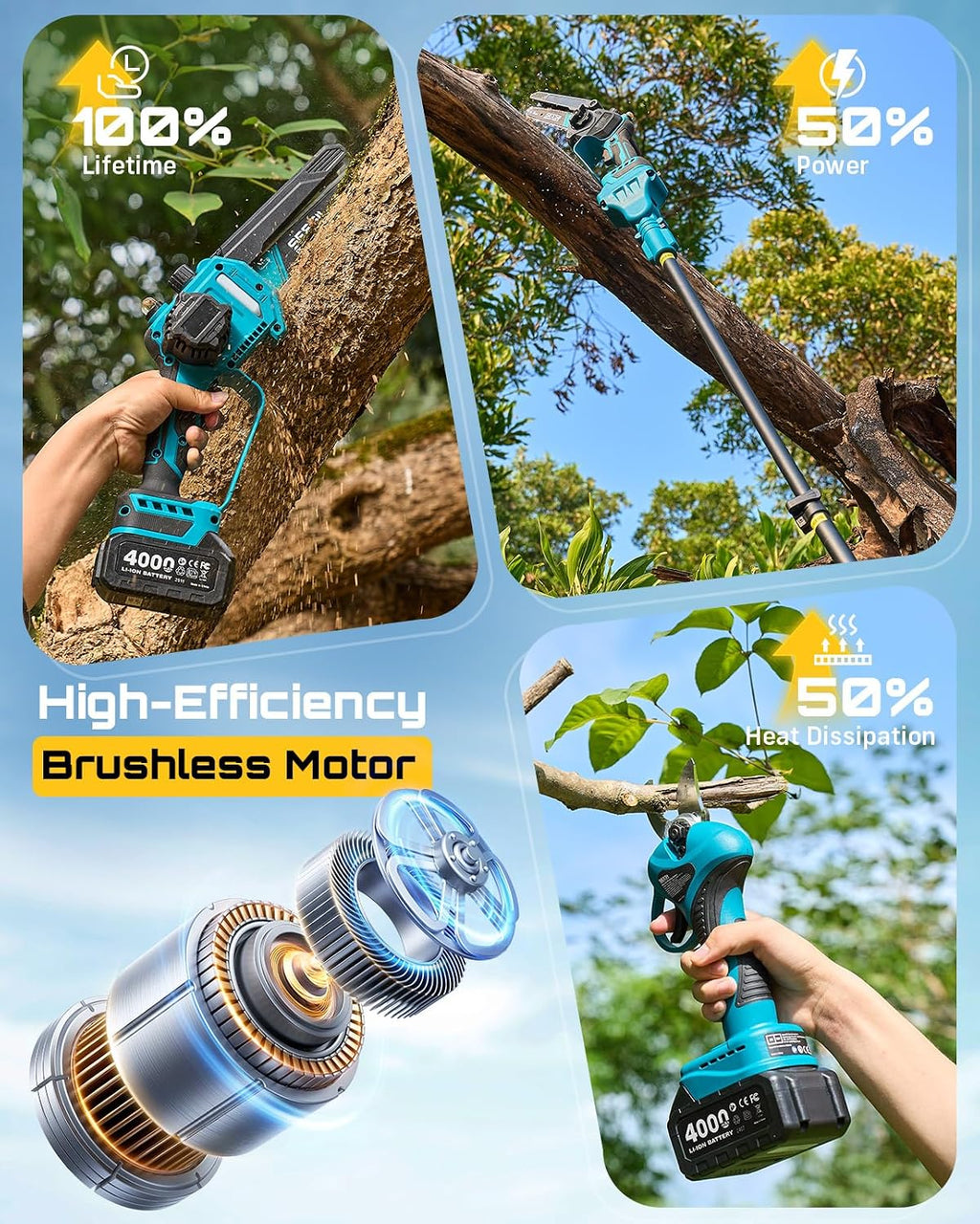 4-in-1 Pole Saw & Pruning Shears Combo Kit with Brushless Motor | 2 x 4000mAh Batteries, 6" Mini Chainsaw & 1.2"