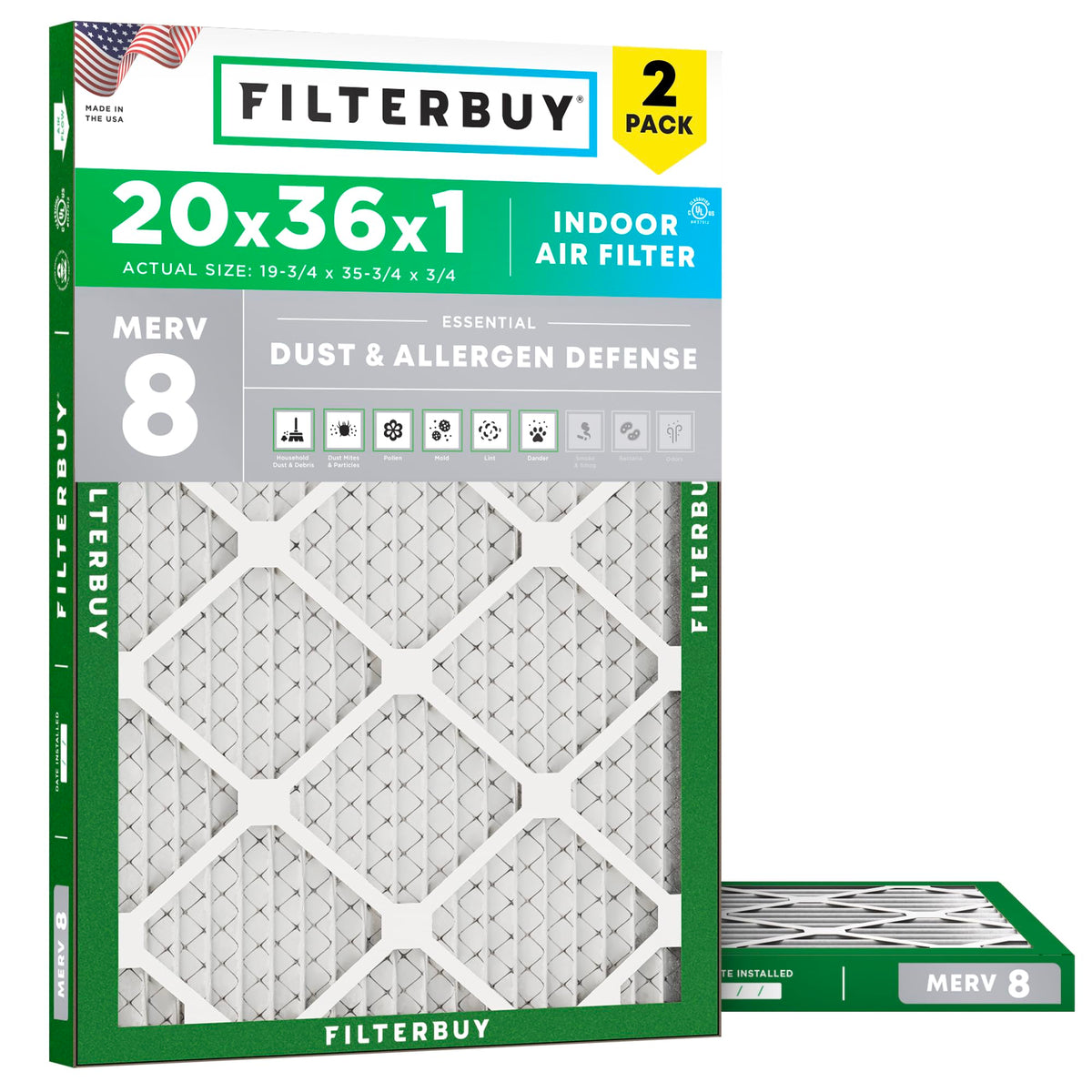 20x36x1 Air Filter MERV 8 Dust & Allergy Defense (2-Pack)