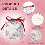 50pcs Rose Party Favor Boxes, 2.75 x 2.75 x 2.75 Inch Wine Red Candy Boxes with Ribbons for Wedding Bridal Baby
