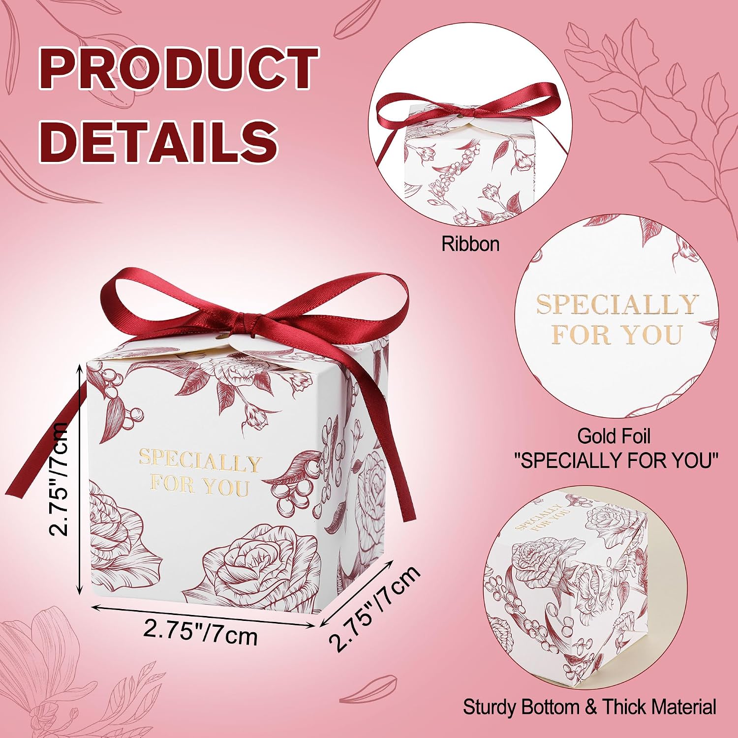 50pcs Rose Party Favor Boxes, 2.75 x 2.75 x 2.75 Inch Wine Red Candy Boxes with Ribbons for Wedding Bridal Baby