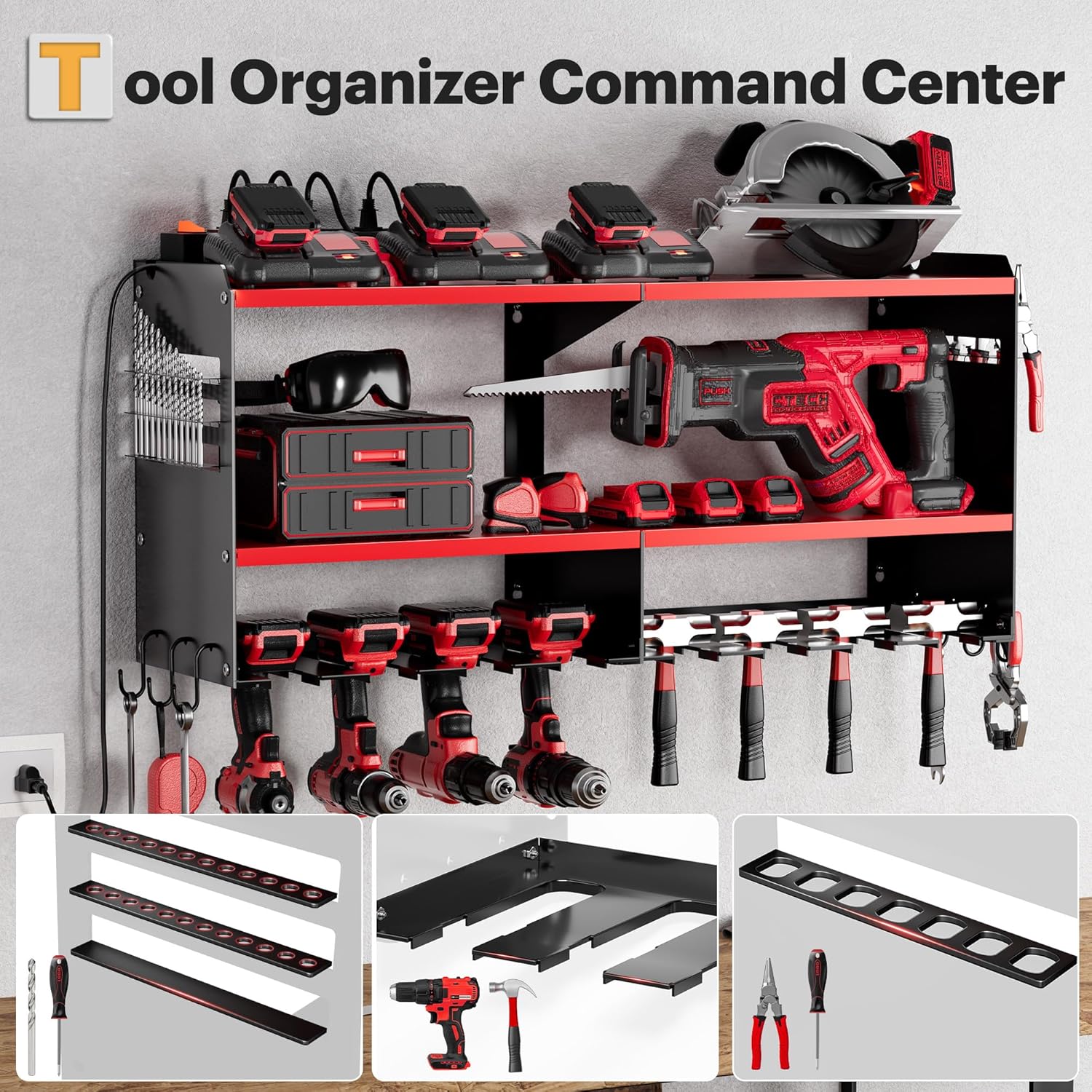 Power Tool Organizer Wall Mount with Charging Station, 15 Min Assembly & Maximum 420lbs Load by Heavy Duty Metal, 8