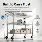 3 Tier Heavy Duty Commercial Grade Utility Cart, Wire Rolling Cart with Pushing Handle Bar, Steel Metal Kitchen