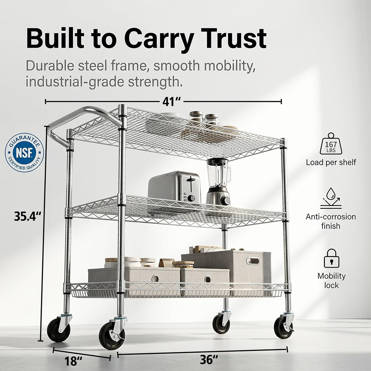 3 Tier Heavy Duty Commercial Grade Utility Cart, Wire Rolling Cart with Pushing Handle Bar, Steel Metal Kitchen