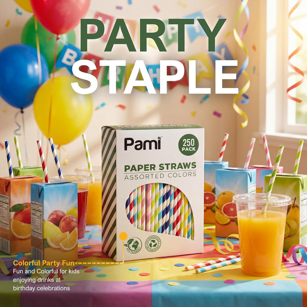 Compostable Paper Straws,Assorted Colors,Biodegradable,Sturdy,250-Pack