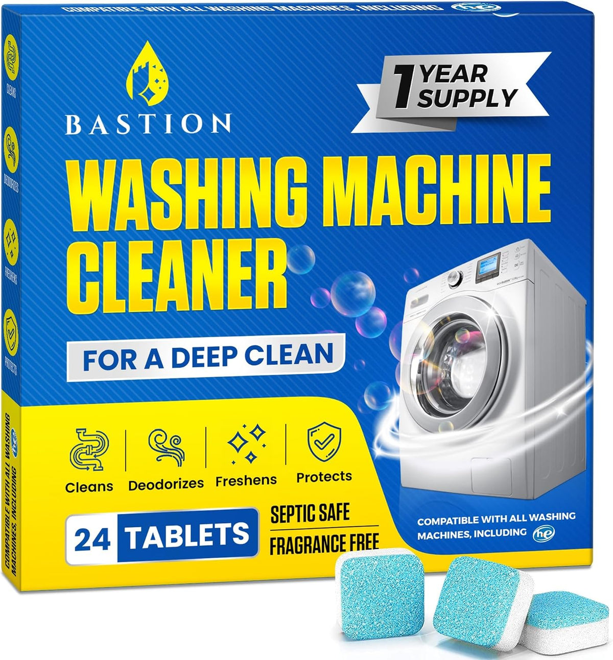 Washing Machine Cleaner Tablets 24 pack Powerful Descaler -Deep Cleaning for HE Front Loader & Top Load Washer Septic
