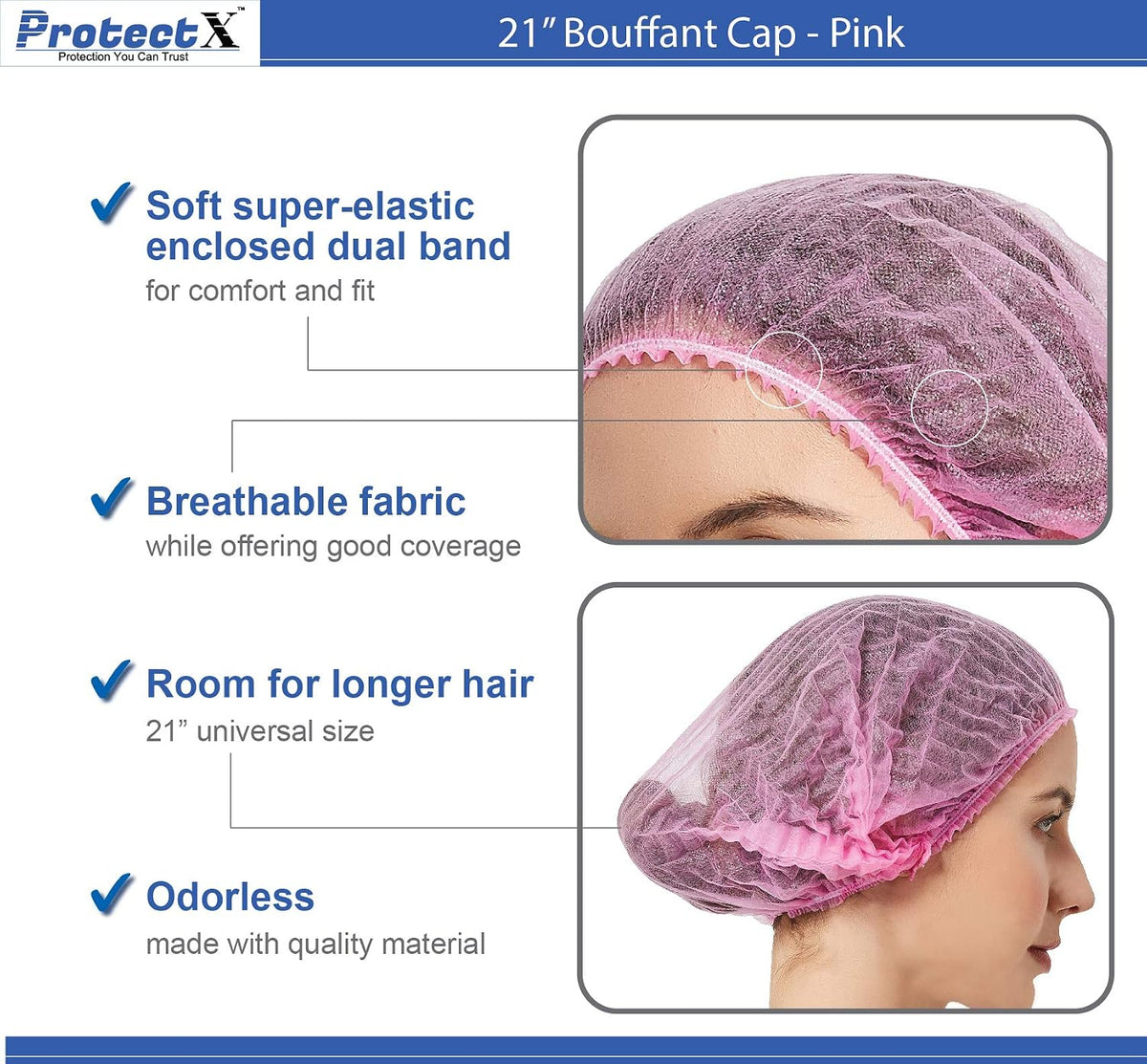 100 Pack Pink Disposable Hair Nets Bouffant Caps for Women, 21"